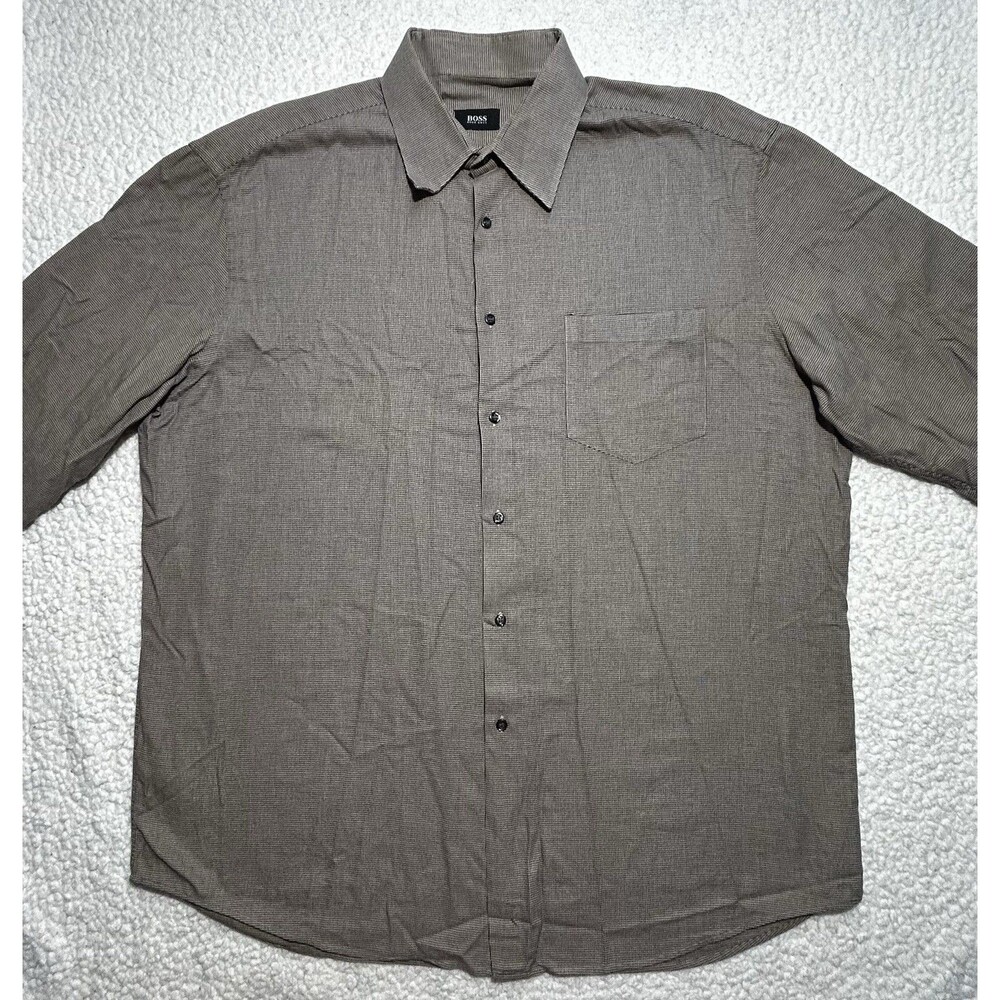 BOSS Hugo Boss Shirt Mens 18 36/37 XXL Brown Micro Houndstooth Dress